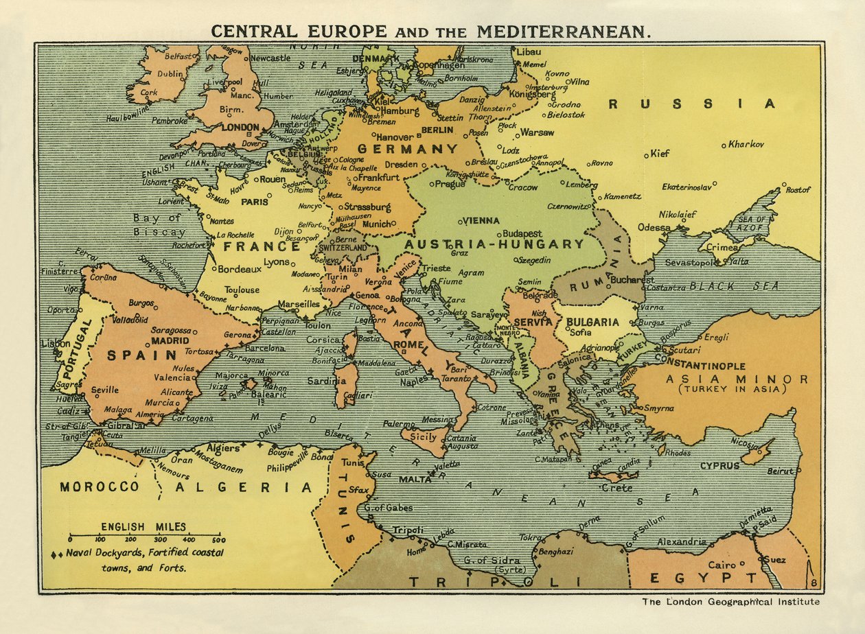Karta över Centraleuropa och Medelhavsområdet, från "The History of the Great European War, Vol. III" (tryck) av English School