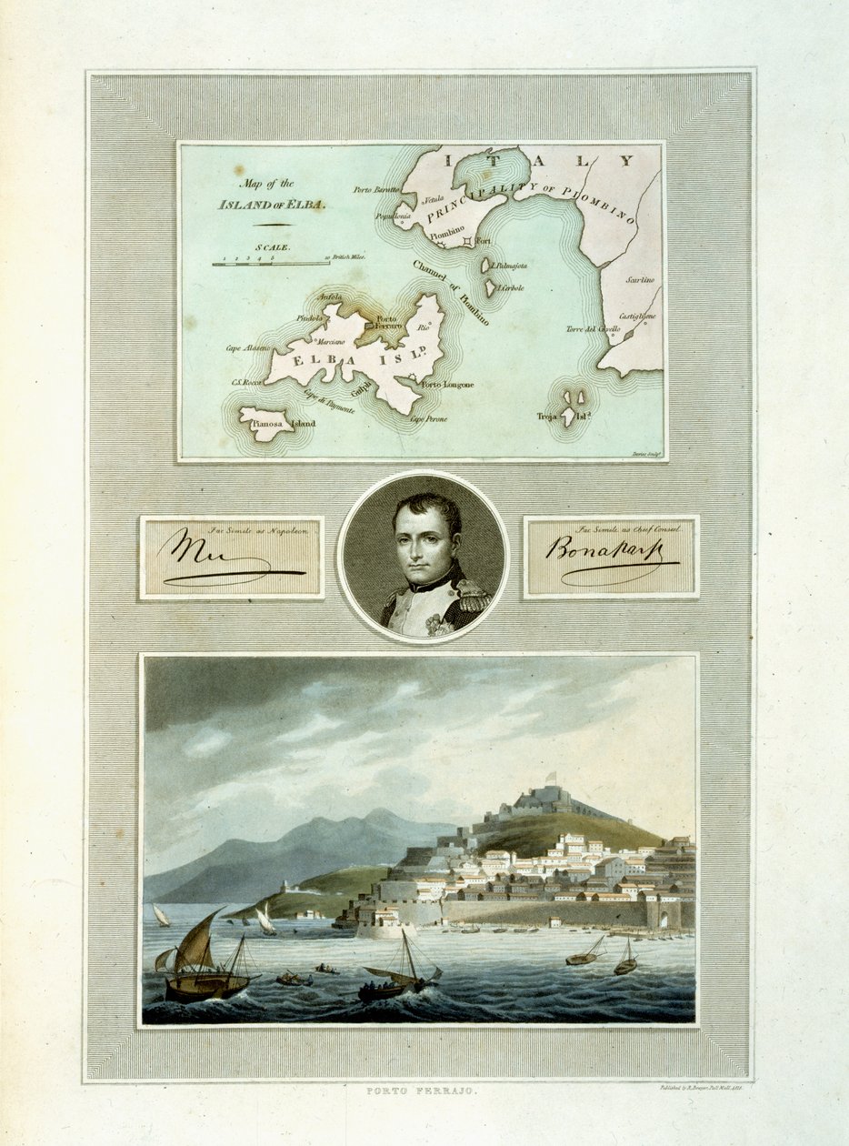 Karta över Elba och utsikt över Porto Ferraio med porträtt av Napoleon och faksimil av hans signatur, 1815 (färgstick) av English School