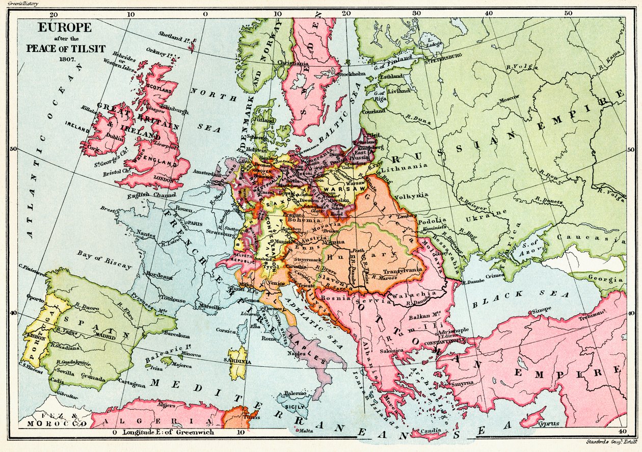 Karta över Europa efter freden i Tilsit 1807, från "A Short History of the English People" av J. R. Green, publicerad 1893. av English School
