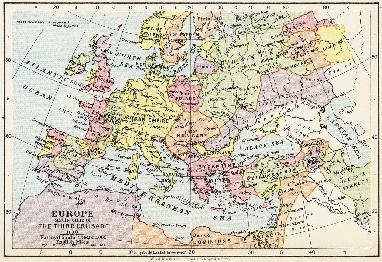 Karta över Europa vid tiden för det tredje korståget, 1190, från 