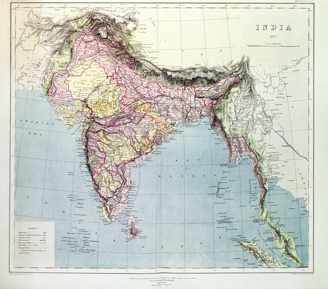 Karta över Indien, publicerad under ledning av överste H.R. Thuillier, R.E., Indiens landmätare, 1877 av English School