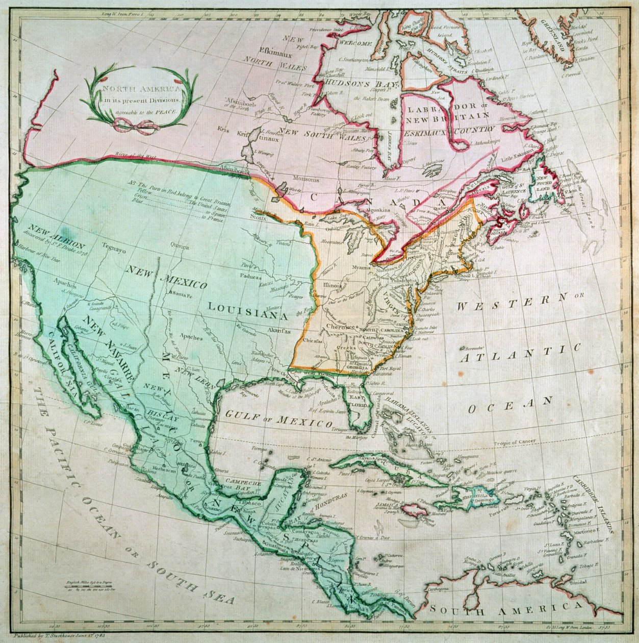 Karta över Nordamerika, publicerad av T. Stackhouse, 1783 av English School