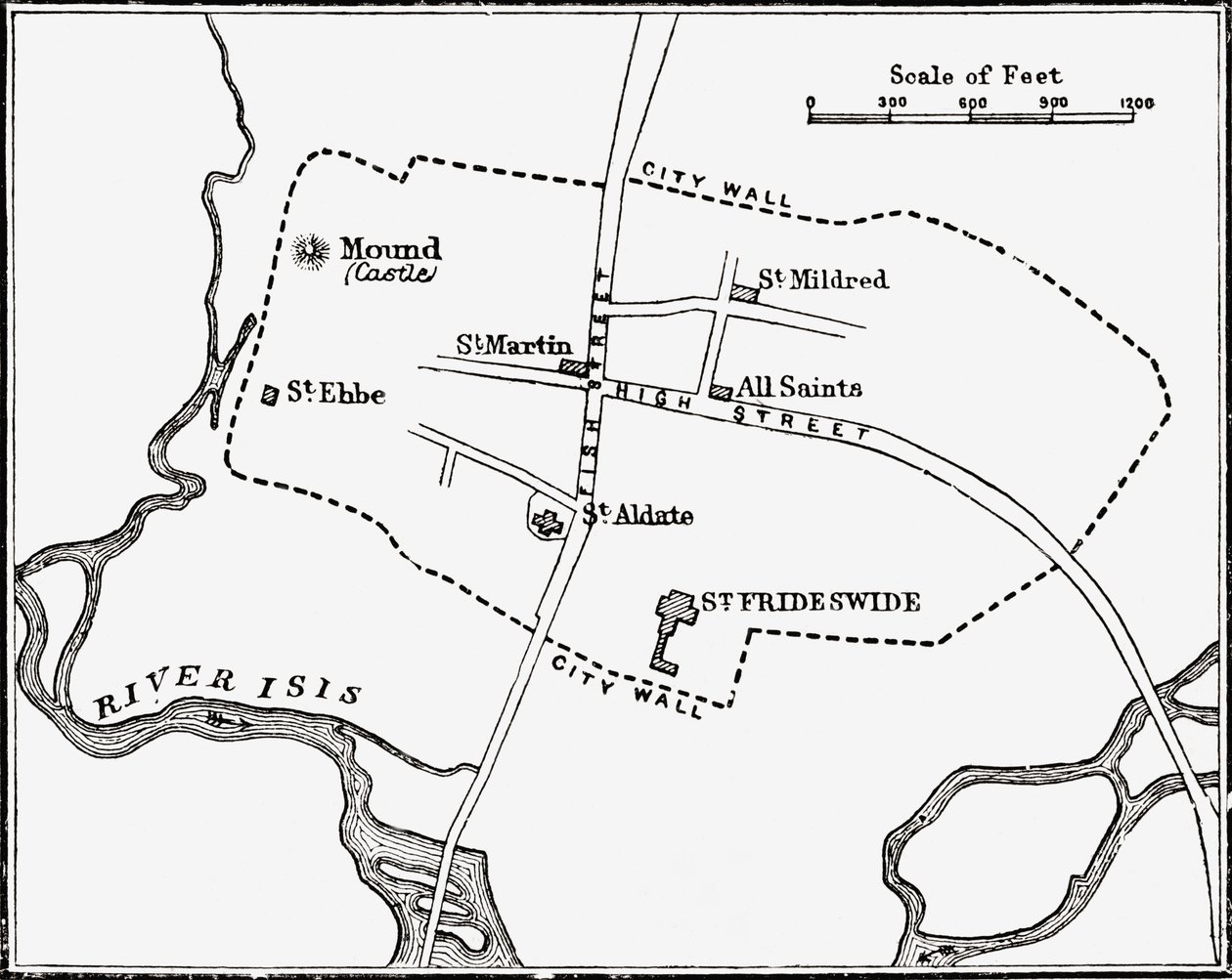 Karta över Oxford, England, 1100-1300-talet, från "A Short History of the English People" av J. R. Green, publicerad 1893. av English School