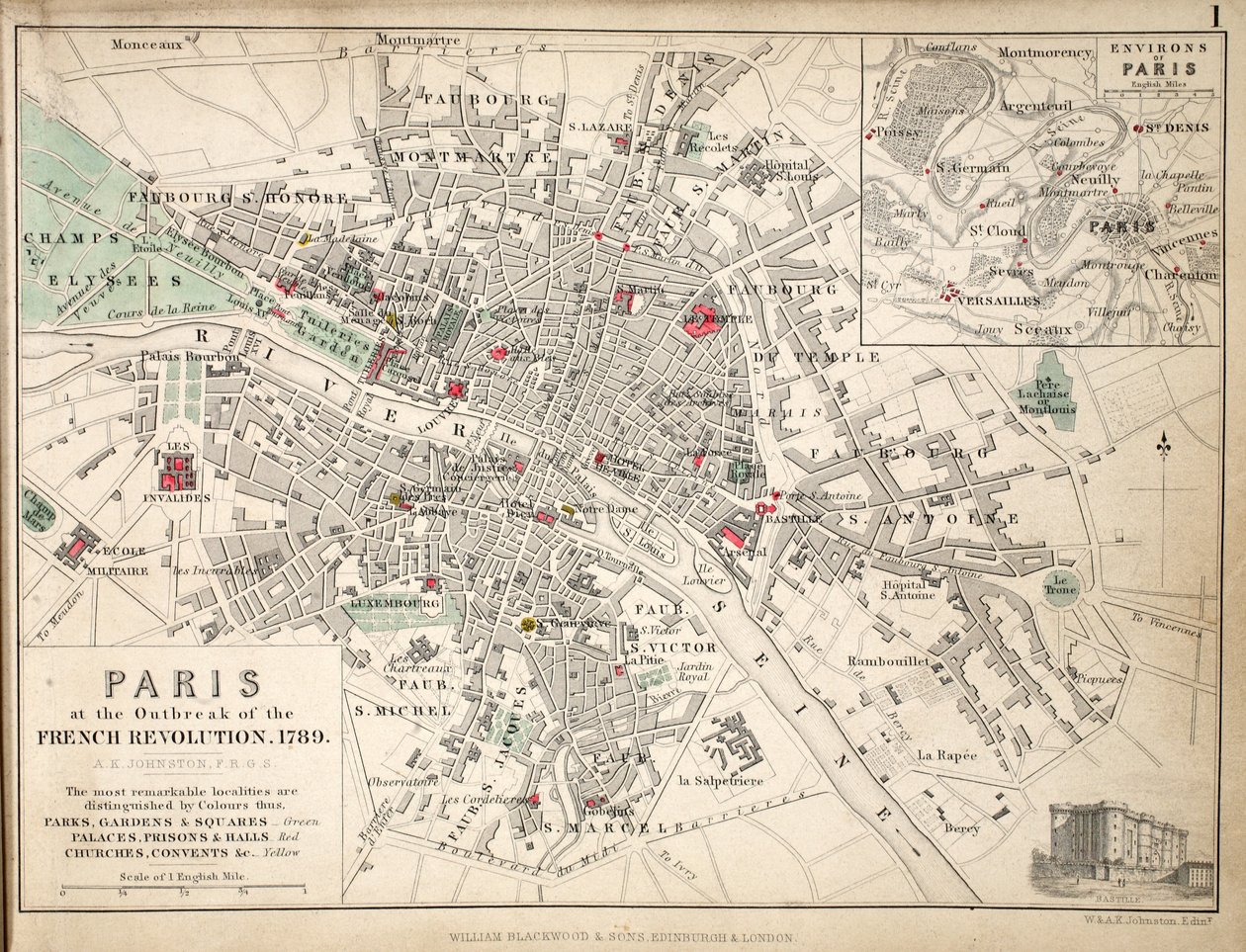 Karta över Paris vid utbrottet av den franska revolutionen, 1789 av English School