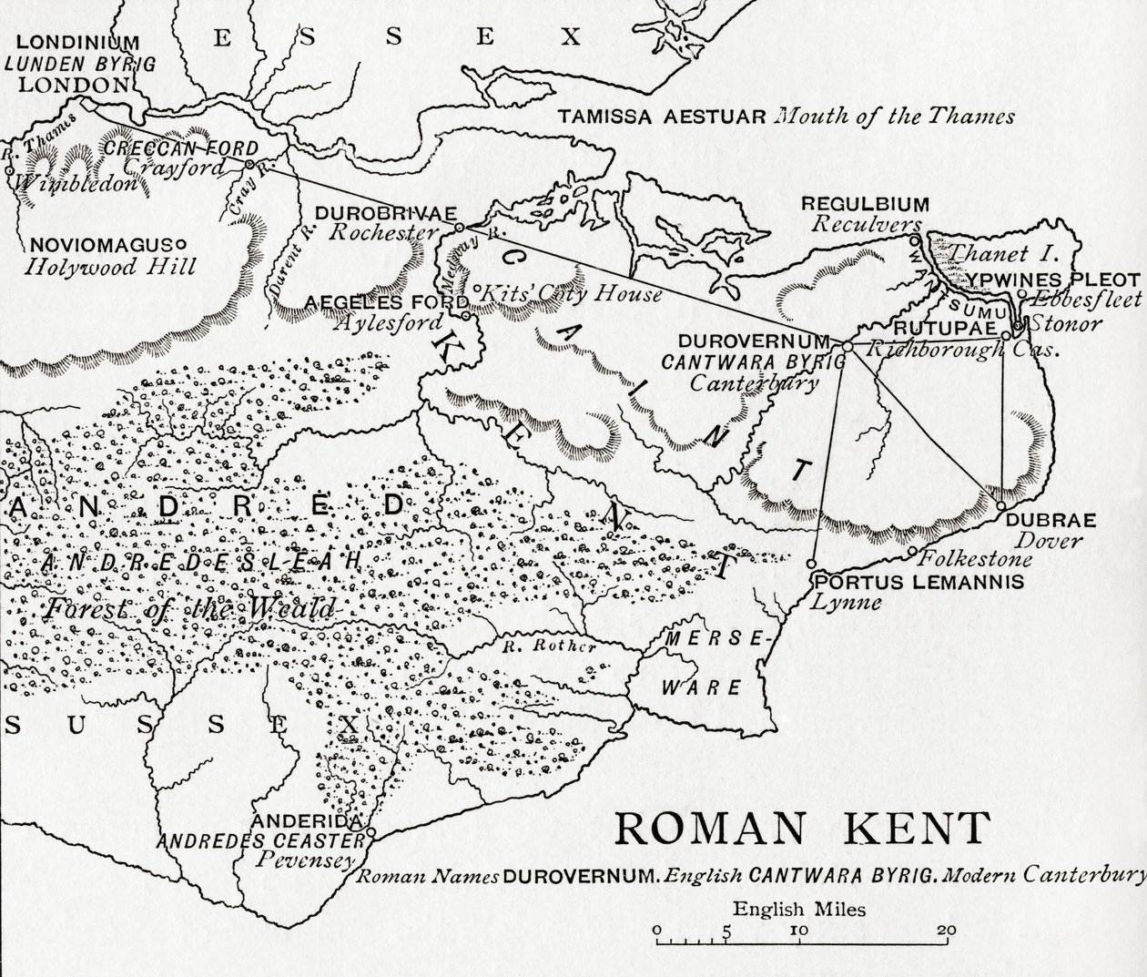 Karta över Roman Kent, England, från "A Short History of the English People" av J. R. Green, publicerad 1893 av English School