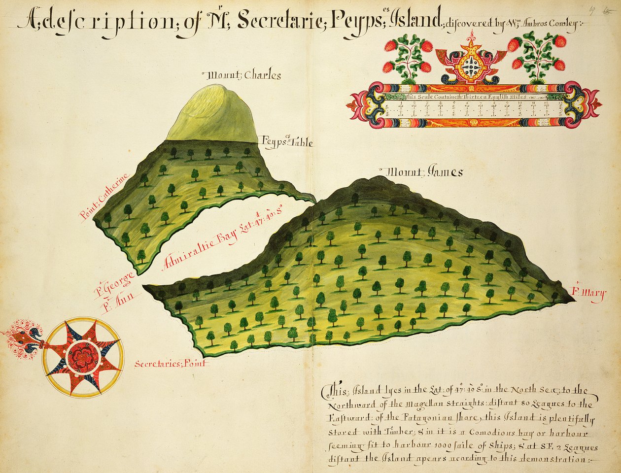 Karta över Secretaire och Pepys Islands i Magellan Straits, ca 1628 (penna, bläck och akvarell på papper) av English School