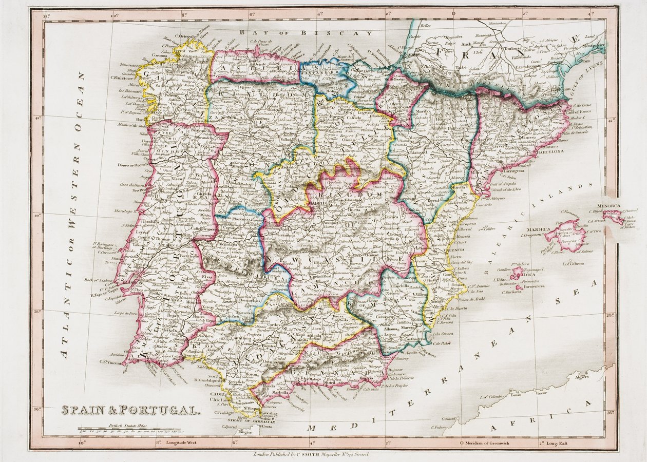 Karta över Spanien och Portugal, från 
