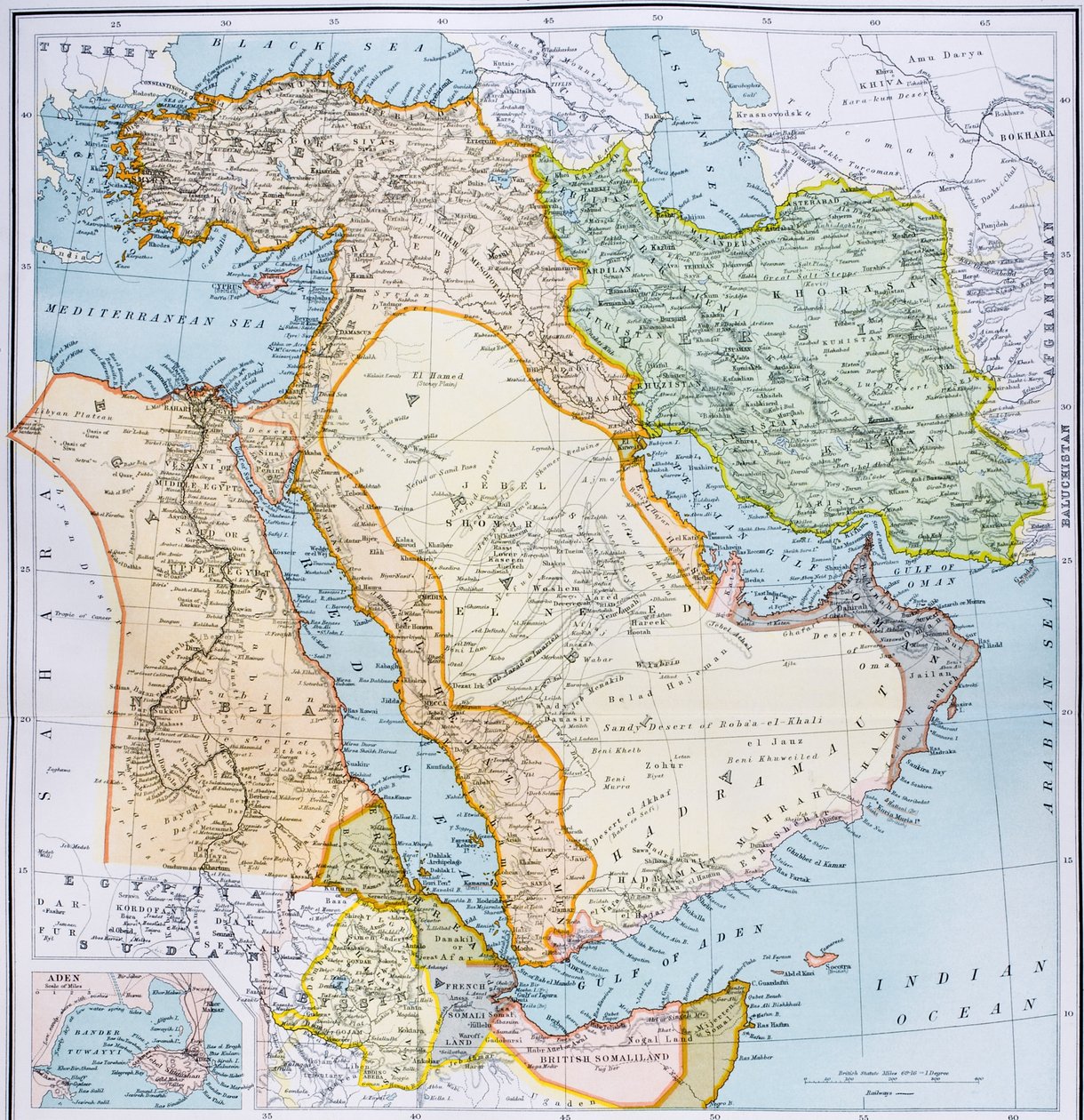Karta över Turkiet, Afrikas horn i Mellanöstern och Persiska viken på 1890-talet, från 