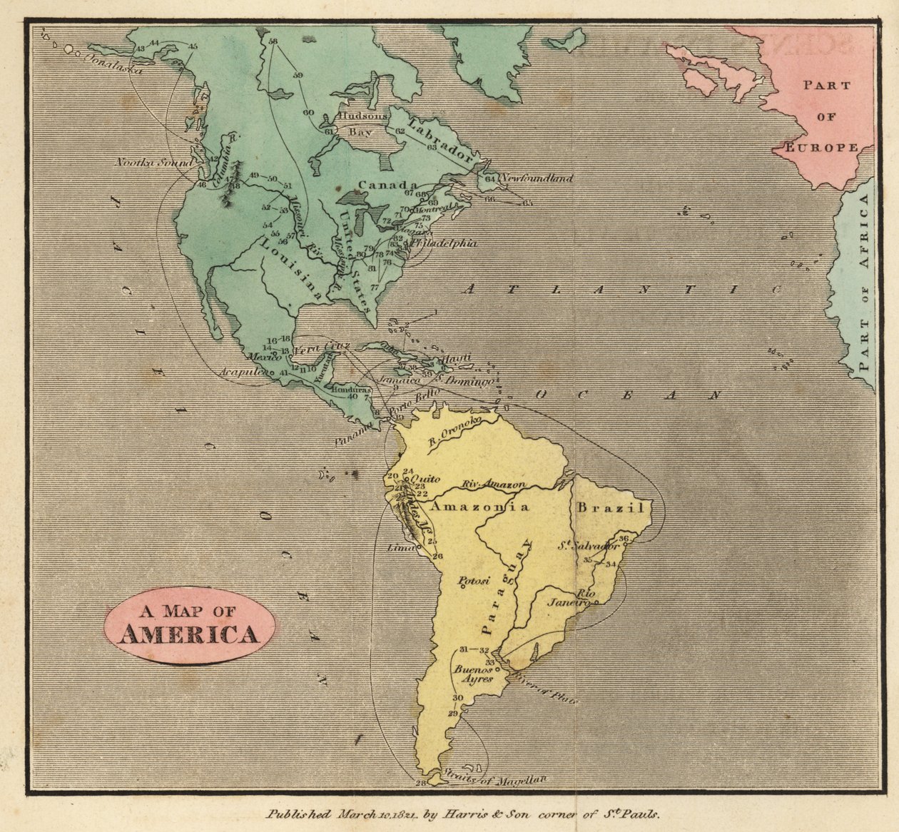 Karta över Nord- och Sydamerika, cirka 1821 av English School