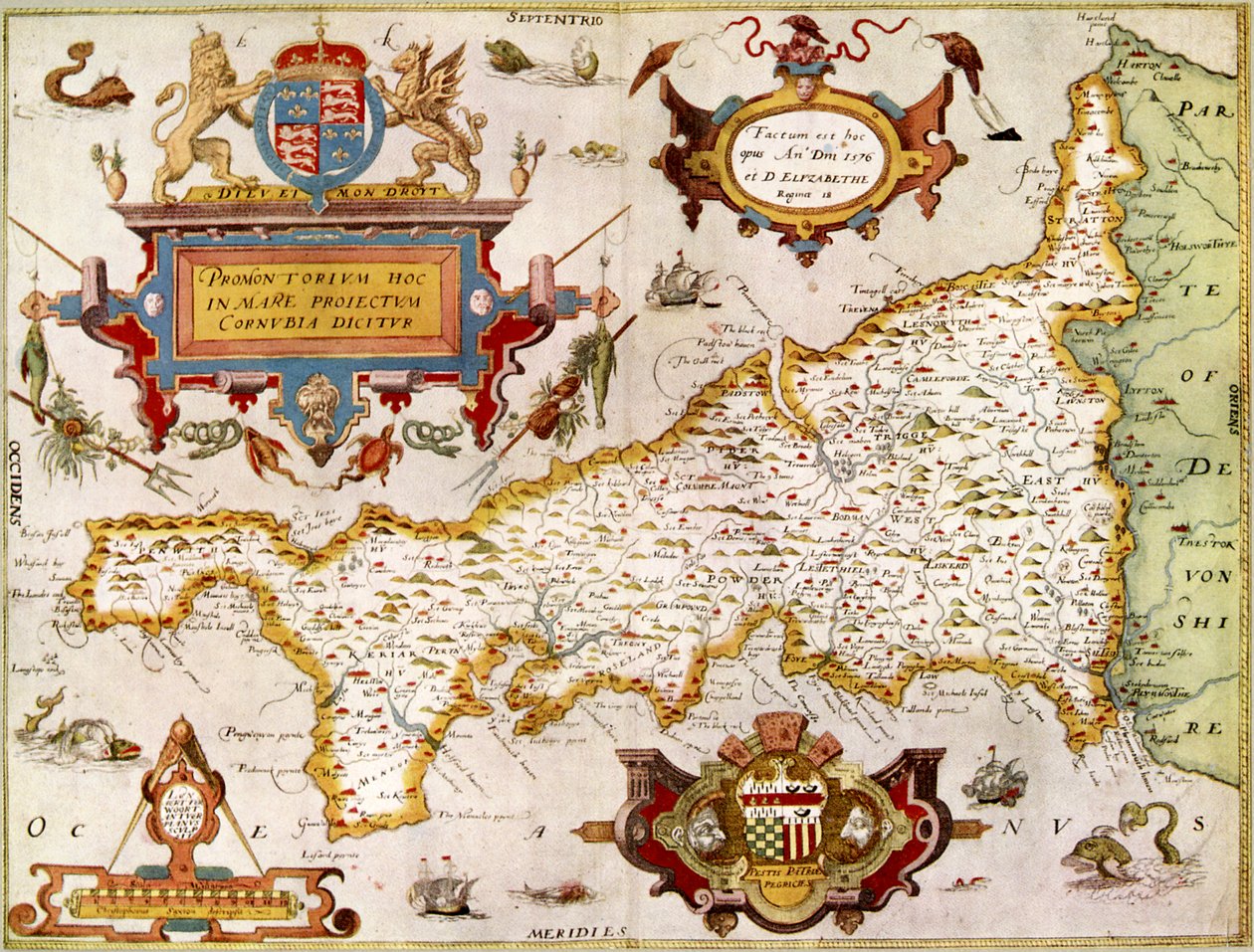 Karta över grevskapet Cornwall år 1576, från "Saxton