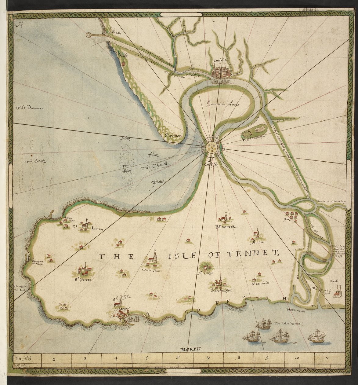 Karta över Isle of Thanet och Sandwich Marsh, baserad på en plan av John Rogers, ca 1610 (penna, bläck och akvarell på papper) av English School