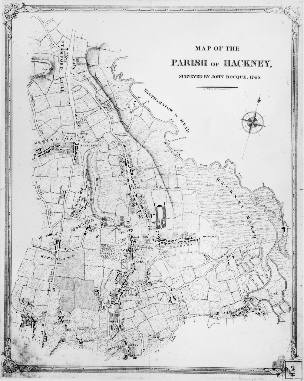 Karta över Hackneyförsamlingen, ritad av John Rocque (ca 1709-1762) 1745 av English School