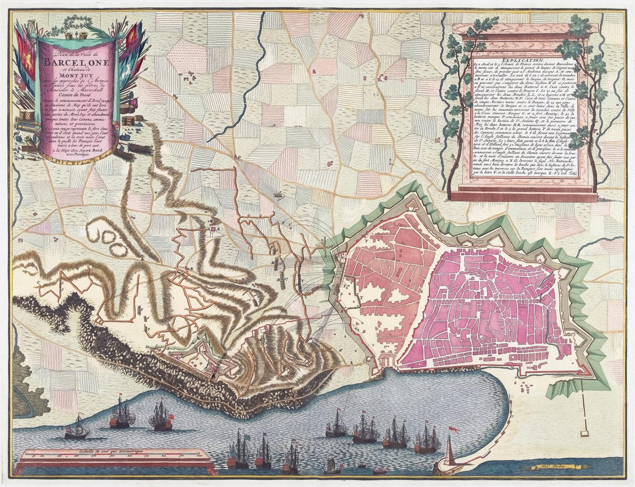 Karta över belägringen av Barcelona i april 1706 (färglitografi) av English School