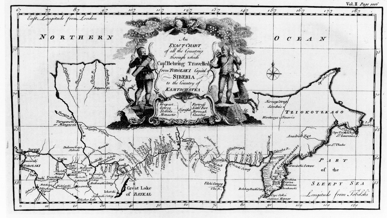 Karta över rutten som togs av Vitus Bering (1681-1741) över Sibirien till Kamchatka, från Navigantium atque Itinerantium Bibliotheca publicerad 1744 av English School