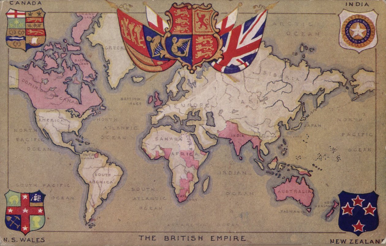 Karta över det brittiska imperiet med flaggor och vapensköldar (färglitografi) av English School