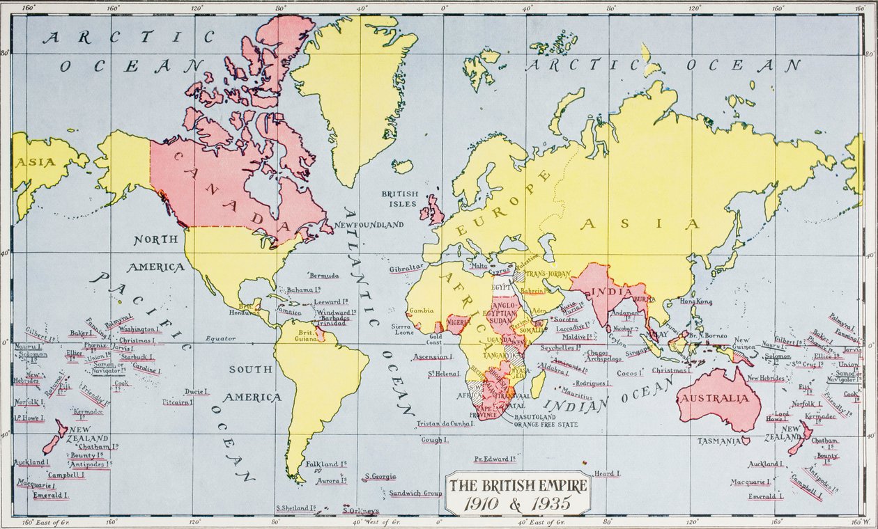 Karta som visar kungens imperium, i rött, 1910 och 1935, från 