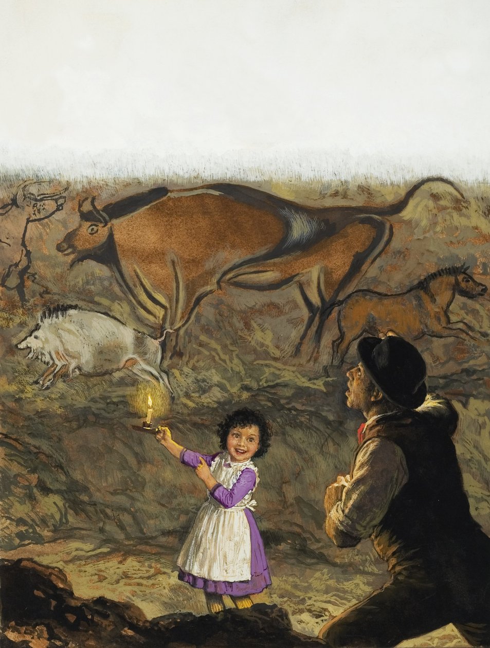 Marcelino Sanz de Sautuola (1831-88) och hans dotter Maria upptäcker grottmålningarna i Altamira (gouache på papper) av English School