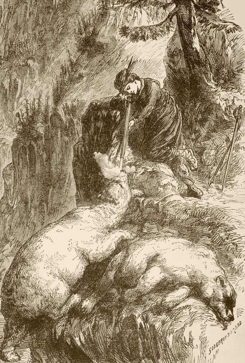 Marguerite de Roberval skjuter två björnar på Isle of Demons utanför Newfoundland (litho) av English School