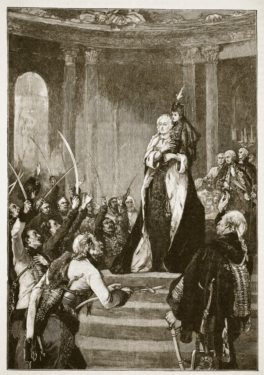 Maria Theresa och det ungerska parlamentet, illustration från Cassells Illustrated History of England (sepiafoto) av English School
