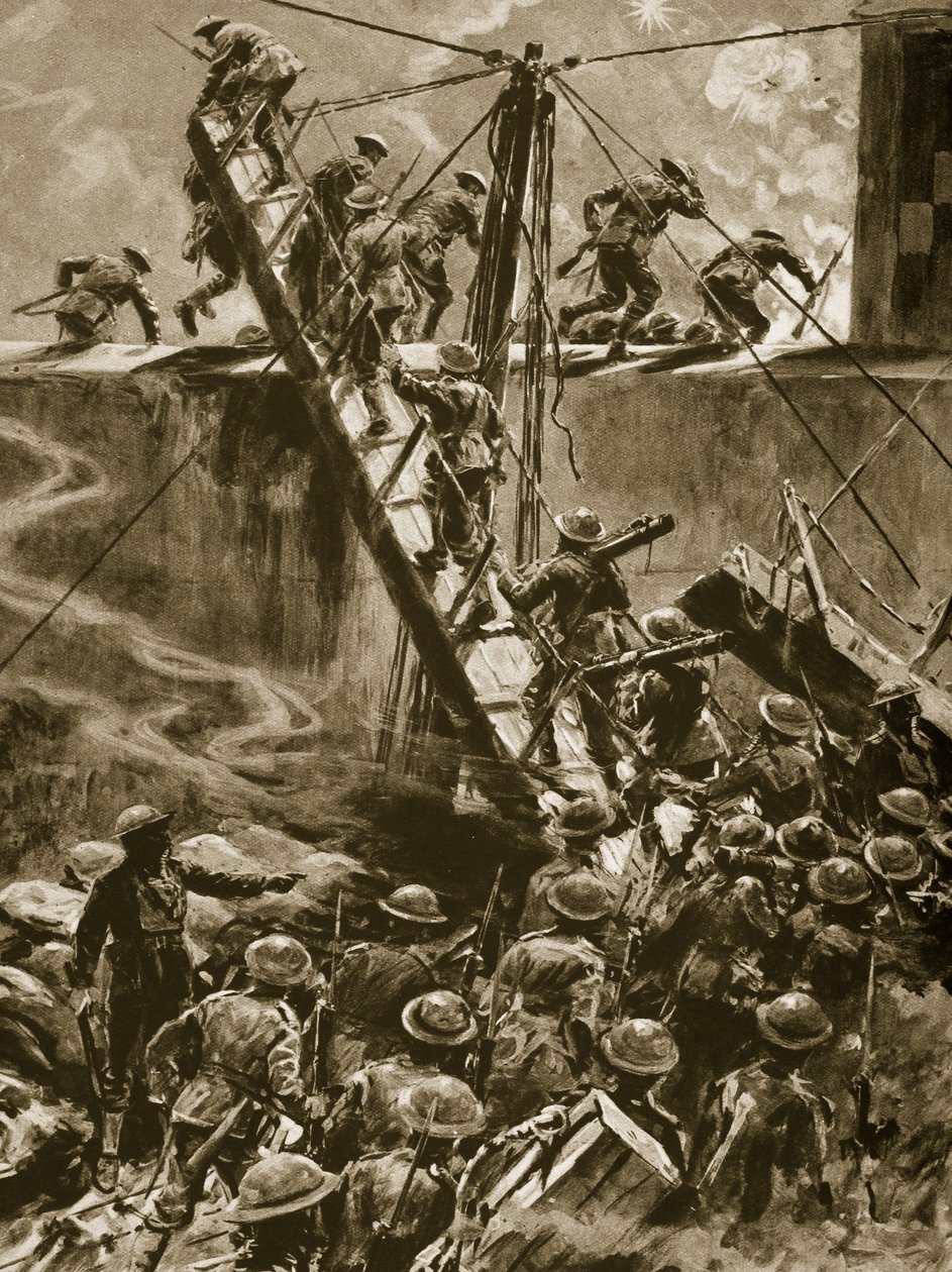 Marines och blåjackor dyker upp i landgångarna från H.M.S Vindictive, 1914-19 av English School