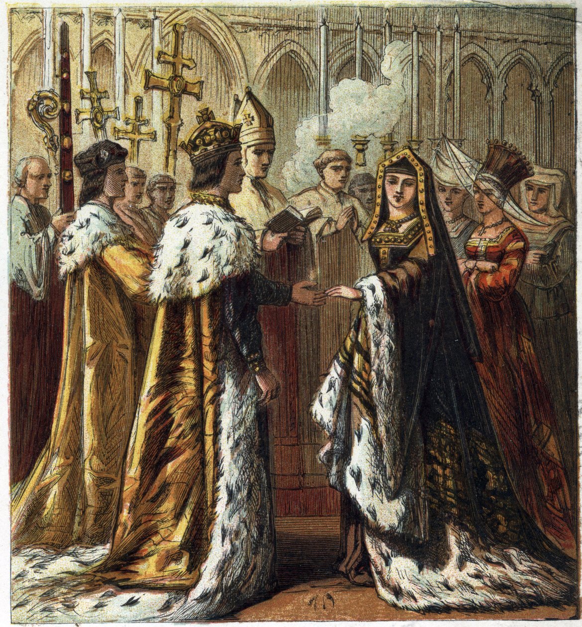 Äktenskap mellan Henrik VII, kung av England (1457-1509) med Elizabeth av York (1466-1503) den 18 januari 1486. Giftermål mellan Henry Seventh och Elizabeth of York. kromolitografi i "" Pictures of English History"" publicerad av George Routledge & Sons.18 av English School
