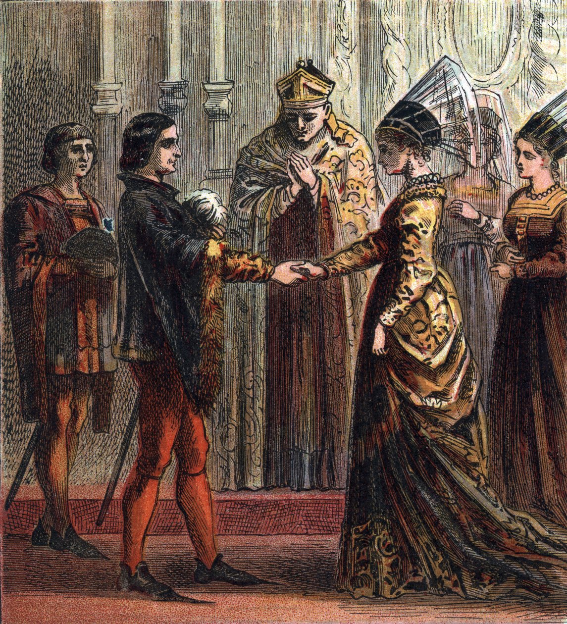 Äktenskap mellan kung Henrik V av England (1387-1422) med Catherine de Valois (1401-1437) 1420. "Henrik V:s äktenskap", 1420. Henry gifte sig med Catherine, dotter till kungen av Frankrike. av English School