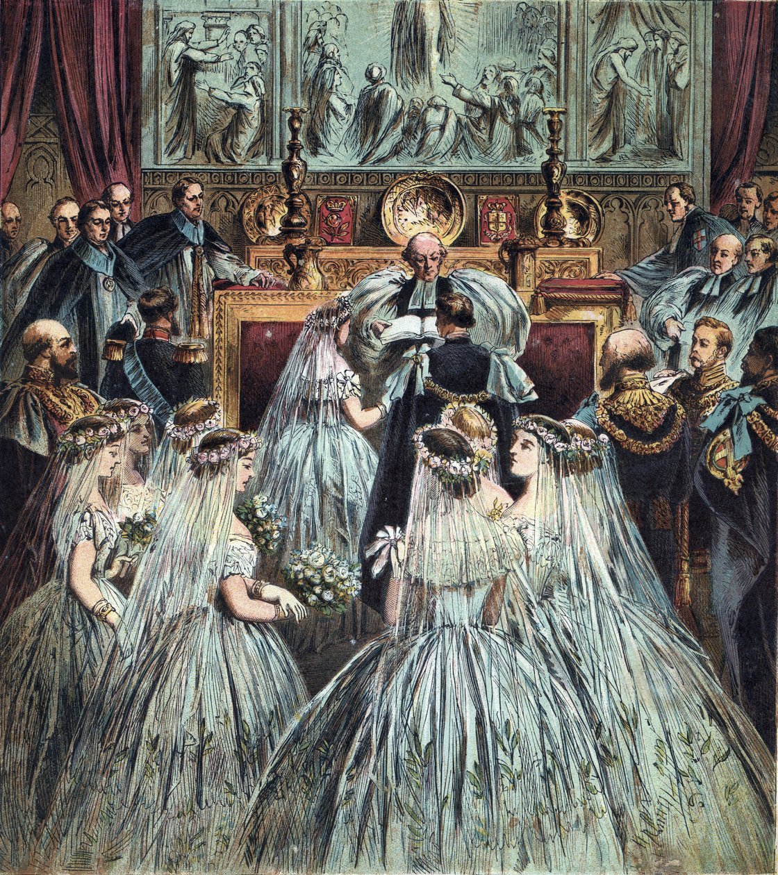 Bröllop av prinsen av Wales (som blev kung Edward VII av England) (1841-1910) med Alexandra av Danmark (Alexandra Caroline Marie Charlotte Louise Julie av Schleswig-Holstein-Sonderburg-Glucksbourg (Schleswig Holstein Sonderburg Glucksbourg) (1844-19) av English School