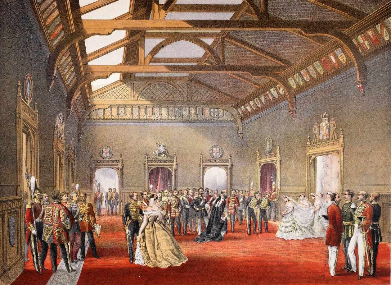 Marshalling av brudens procession i den centrala hallen i de tillfälliga lägenheterna, från A Memorial of the Marriage of Edward VII and Alexandra of Denmark, pub. 1864 av English School