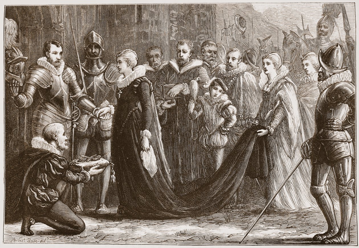 Mary Queen of Scots som går in i Holyrood, illustration från The History of Protestantism av James Aitken Wylie (1808-1890), pub. 1878 av English School