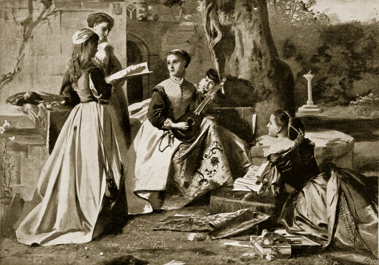 Mary Queen of Scots i en klosterträdgård, illustration från Hutchinsons Story of the British Nation, c.1923 av English School