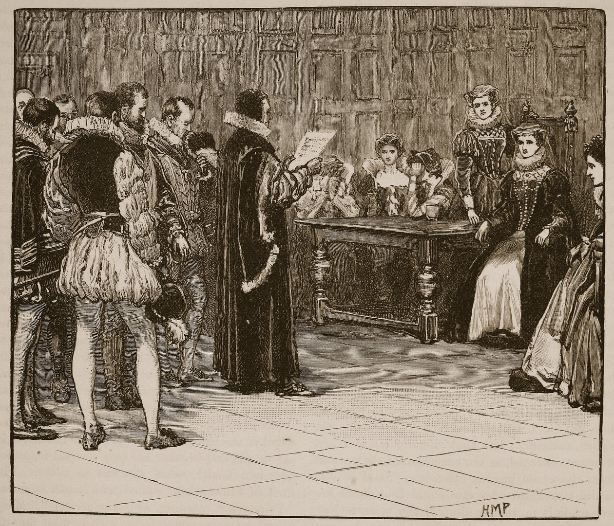 Mary Queen of Scots får besked om sin undergång, illustration från Cassells Illustrated History of England (sepiafoto) av English School
