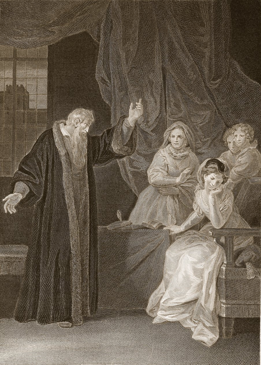 Mary Queen of Scots tillrättavisad av Knox, illustration från David Humes The History of England, pub. av R. Bowyer, London, 1812 av English School