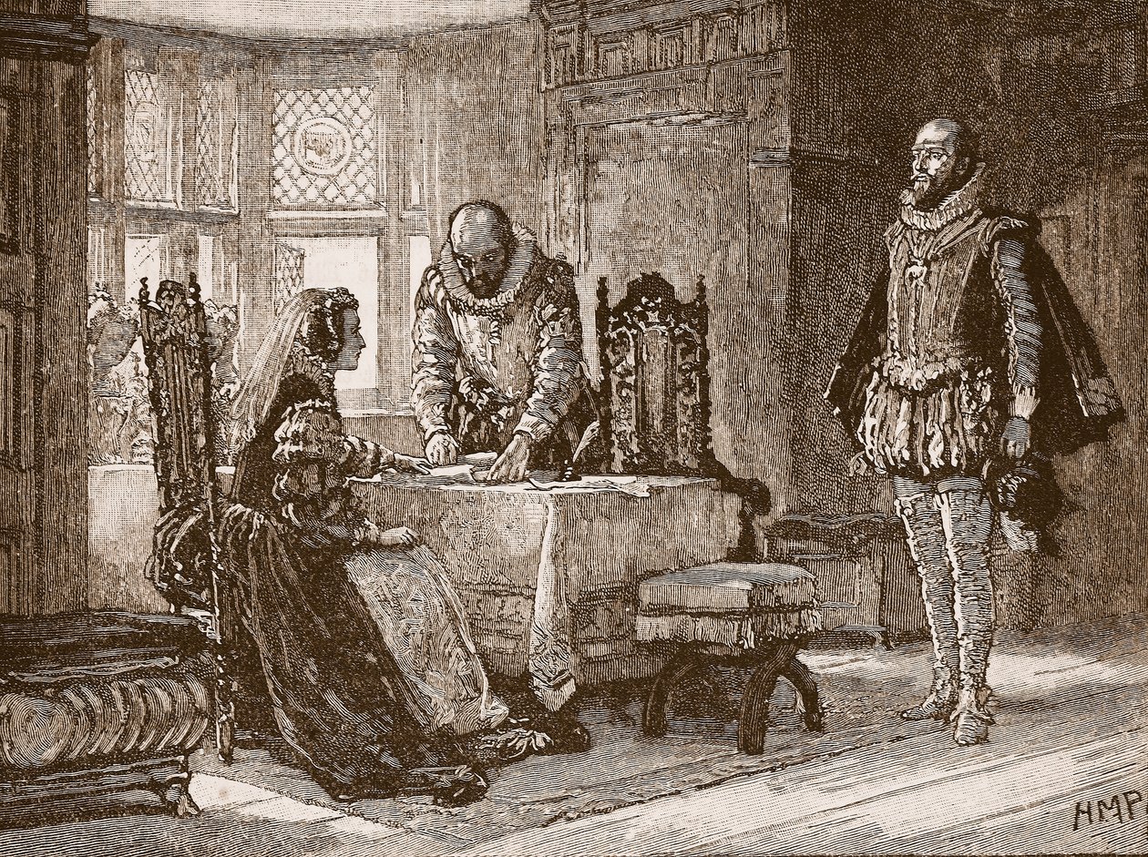 Mary undertecknar abdikationshandlingen i Lochleven Castle, illustration från Cassells Illustrated History of England (sepiafoto) av English School