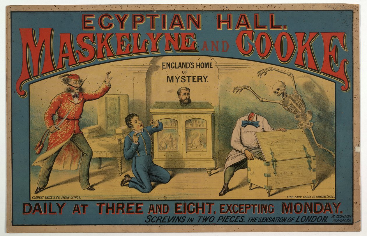 Maskelyne & Cooke vid den egyptiska hallen ca 1880 (färg litho) av English School