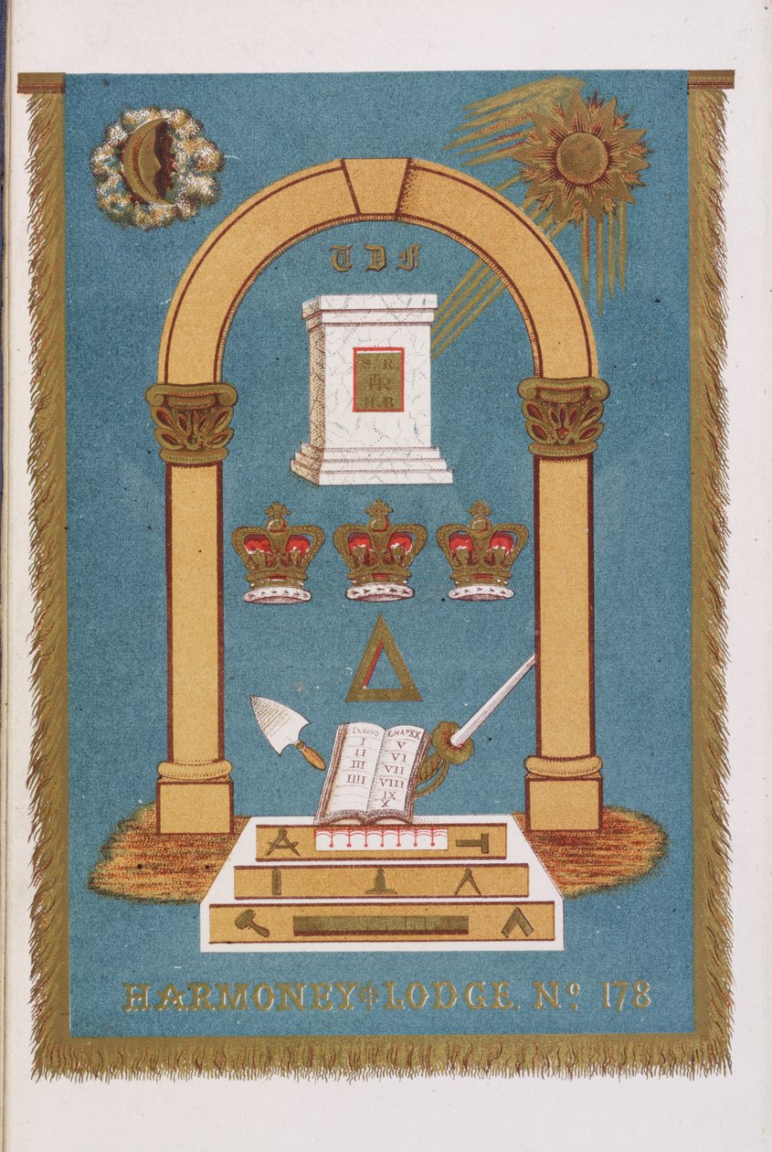 Frimurarlogens emblem som visar pelare och olika symboler av English School