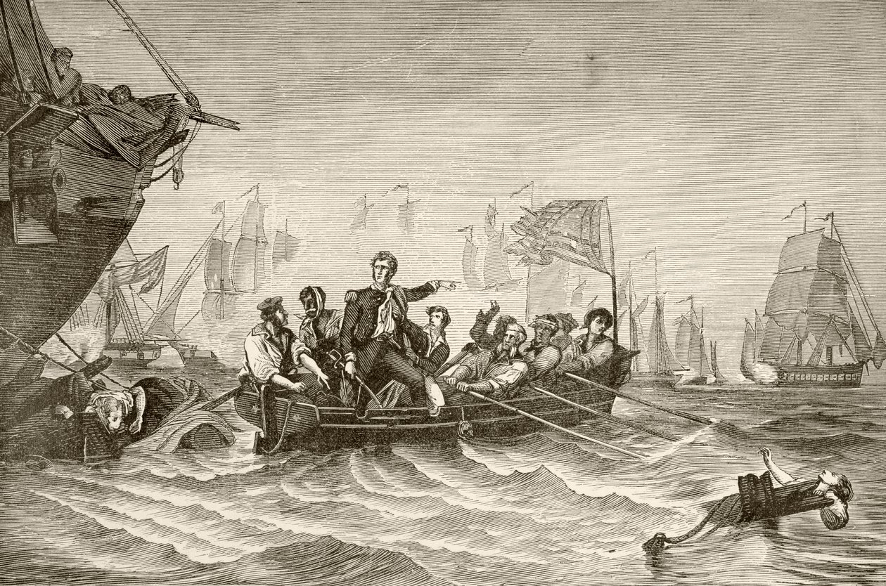 Befälhavare Oliver Hazard Perry flyttar från US Brig Lawrence till US Brig Niagra under slaget vid Lake Erie (litho) av English School