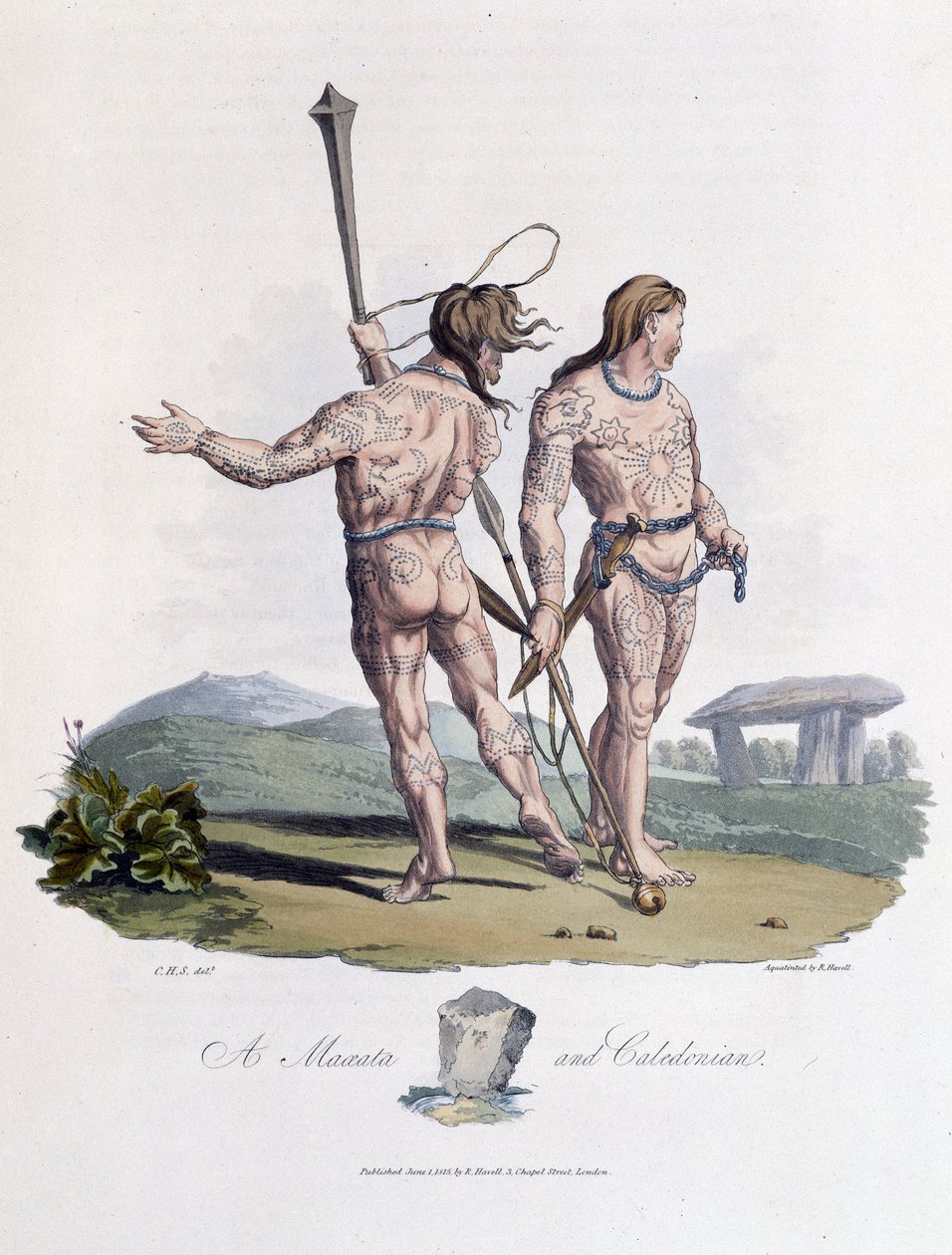Maxata och Caledonian med målad kropp - i "" kelter och goter, seder hos invånarna på de brittiska öarna i början av 600-talet och de gotiska nationerna på Östersjöns västkust", av S.R. Meyrick och Ch. Smed av English School