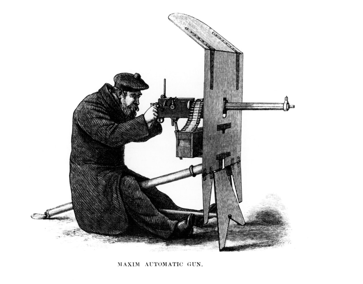Maxim Automatic Gun, ett rekylstyrt maskingevär patenterat av Hiram Stevens Maxim (1840-1916) 1882 av English School