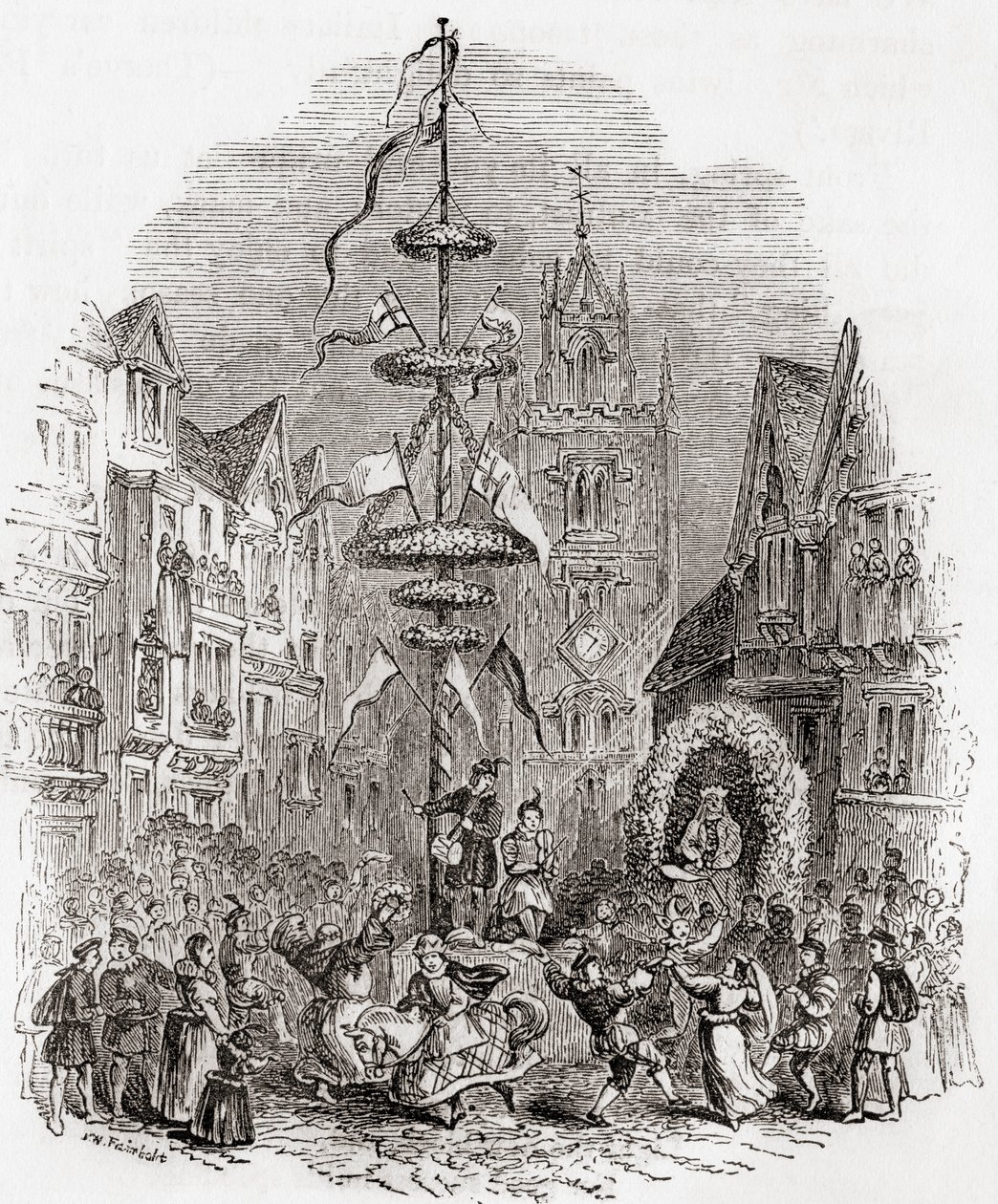 Majstångsdans framför St Andrew Undershaft Church, London, England på 1800-talet, fFrån Old England: Ett bildmuseum, pub. 1847 av English School