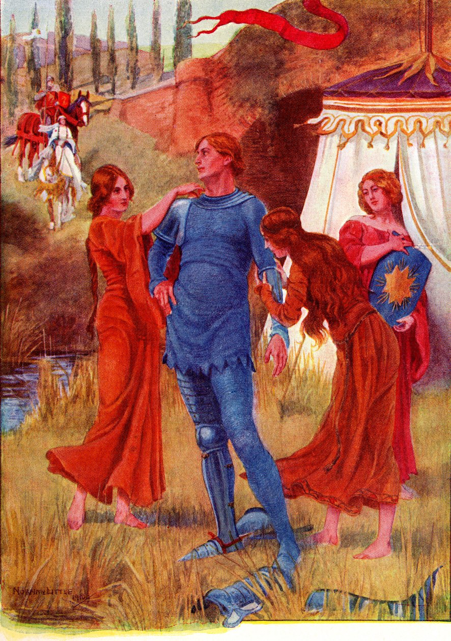 Medeltida riddare, Morgonstjärnan redo för strid. Färgglad illustration från historien om Gareth och Lynette från boken The Gateway to Tennyson publicerad 1910. av English School