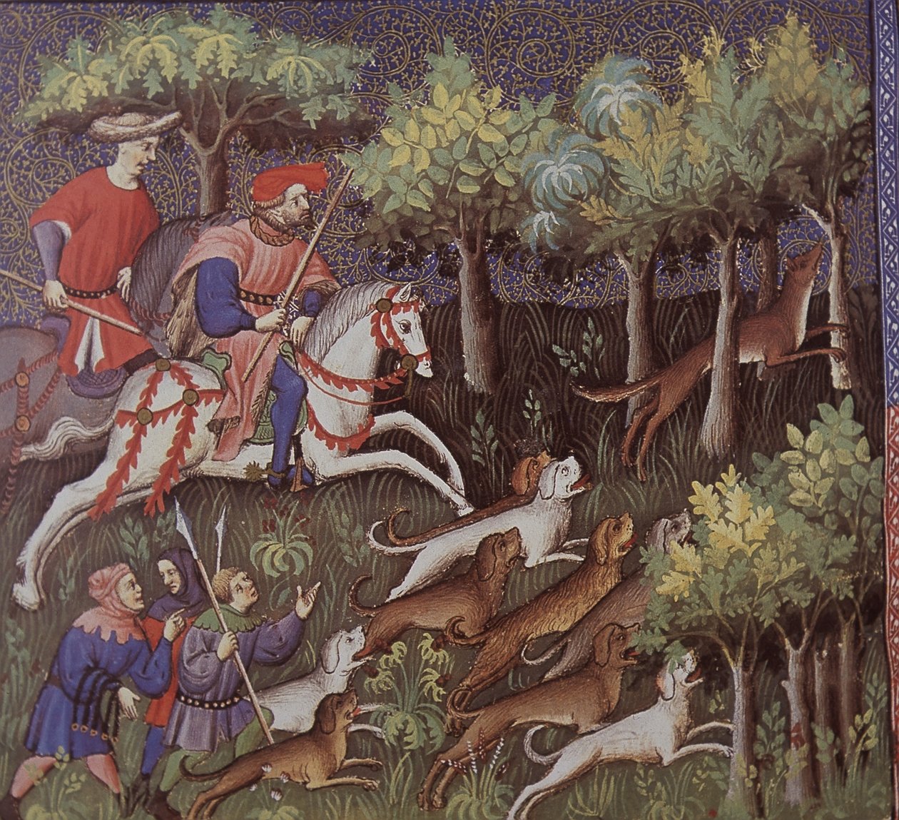 Medeltida aristokrater som jagar räv (tempera på papper) av English School