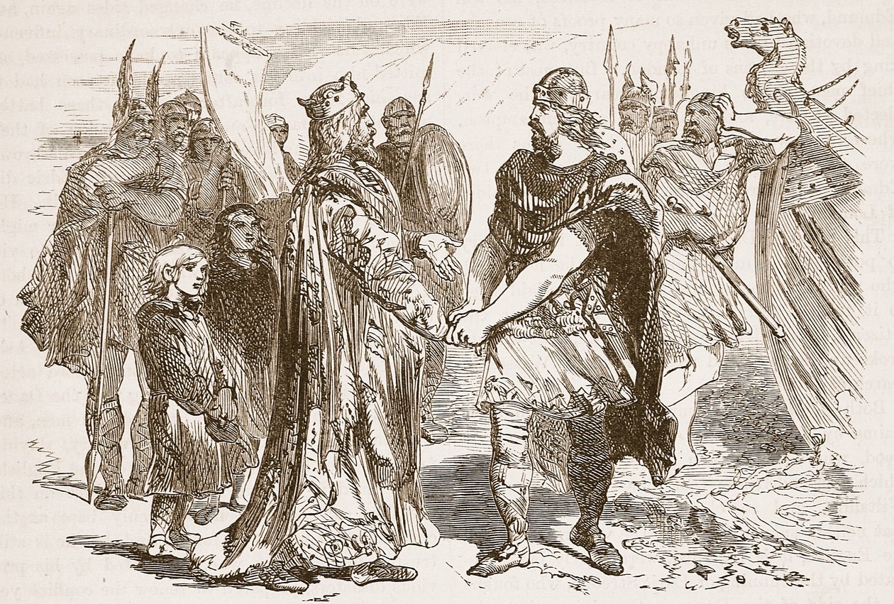 Möte mellan Edmund Ironside och Canute på Isle of Alney i Severn 1016, illustration från Cassells Illustrated History of England (sepiafoto) av English School