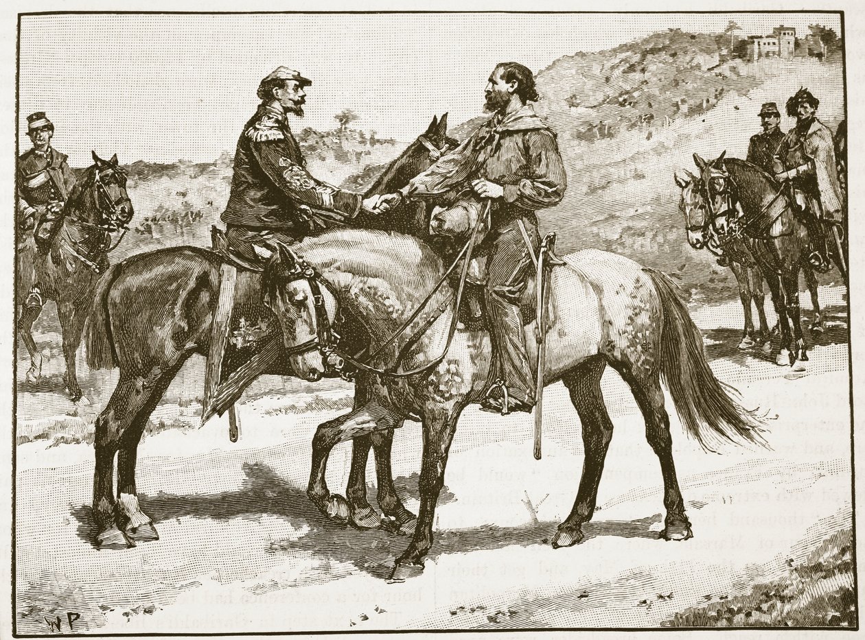 Möte mellan Garibaldi och Victor Emmanuel, illustration från Cassells Illustrated History of England (sepiafoto) av English School