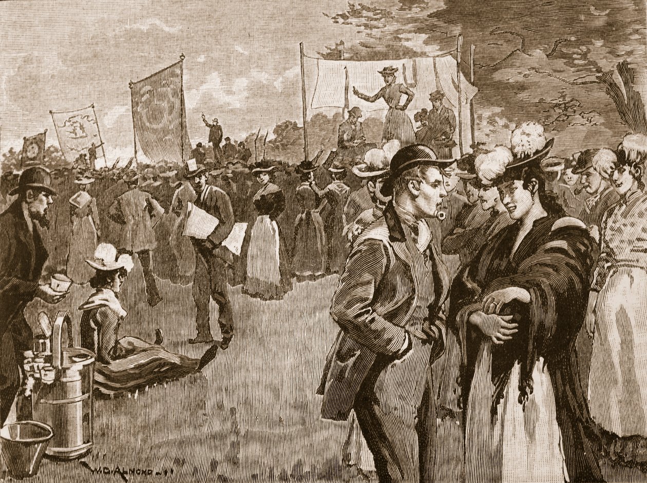 Möte av tvättkvinnor i Hyde Park, 1891, illustration från Cassells Illustrated History of England (sepiafoto) av English School