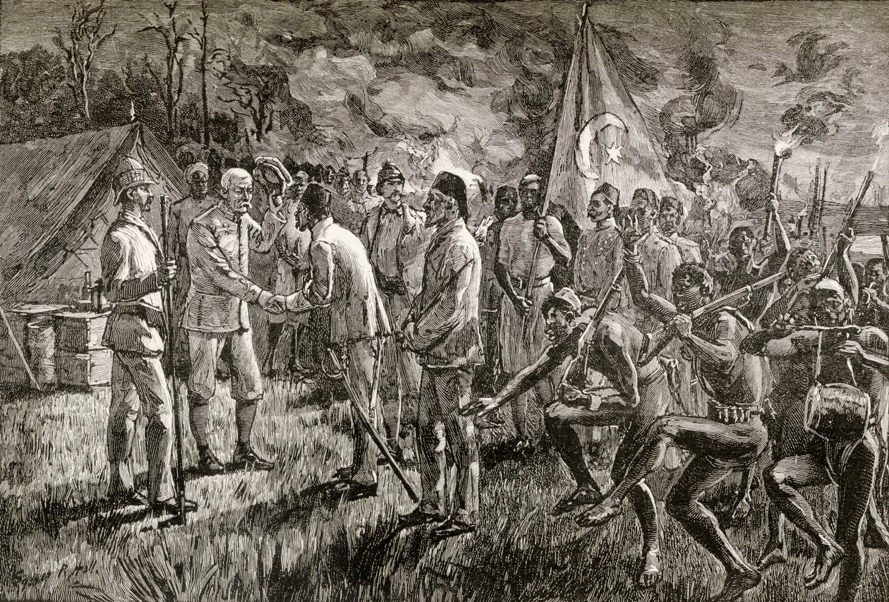 Mehmet Emin Pasha och Gaetano Casati anländer till Sir Henry Morton Stanleys sjöstrandläger vid Lake Albert 1889, 1890 (trägravyr) av English School