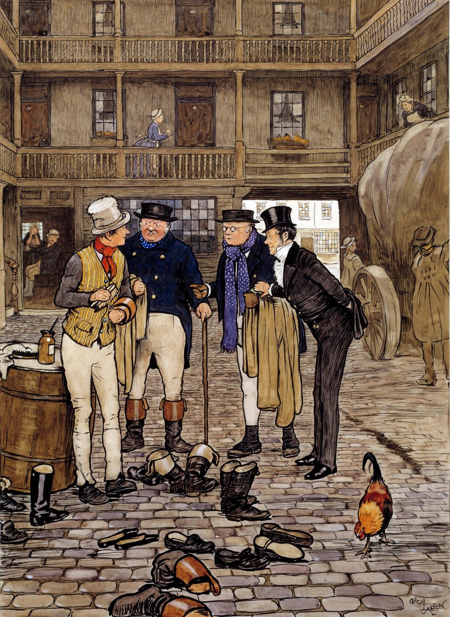 Medlemmar av Pickwick-klubben möter Sam Willer Illustration av Charles Dickens (1812-1870) verk från den engelska skolan. 1837 Privat samling av English School