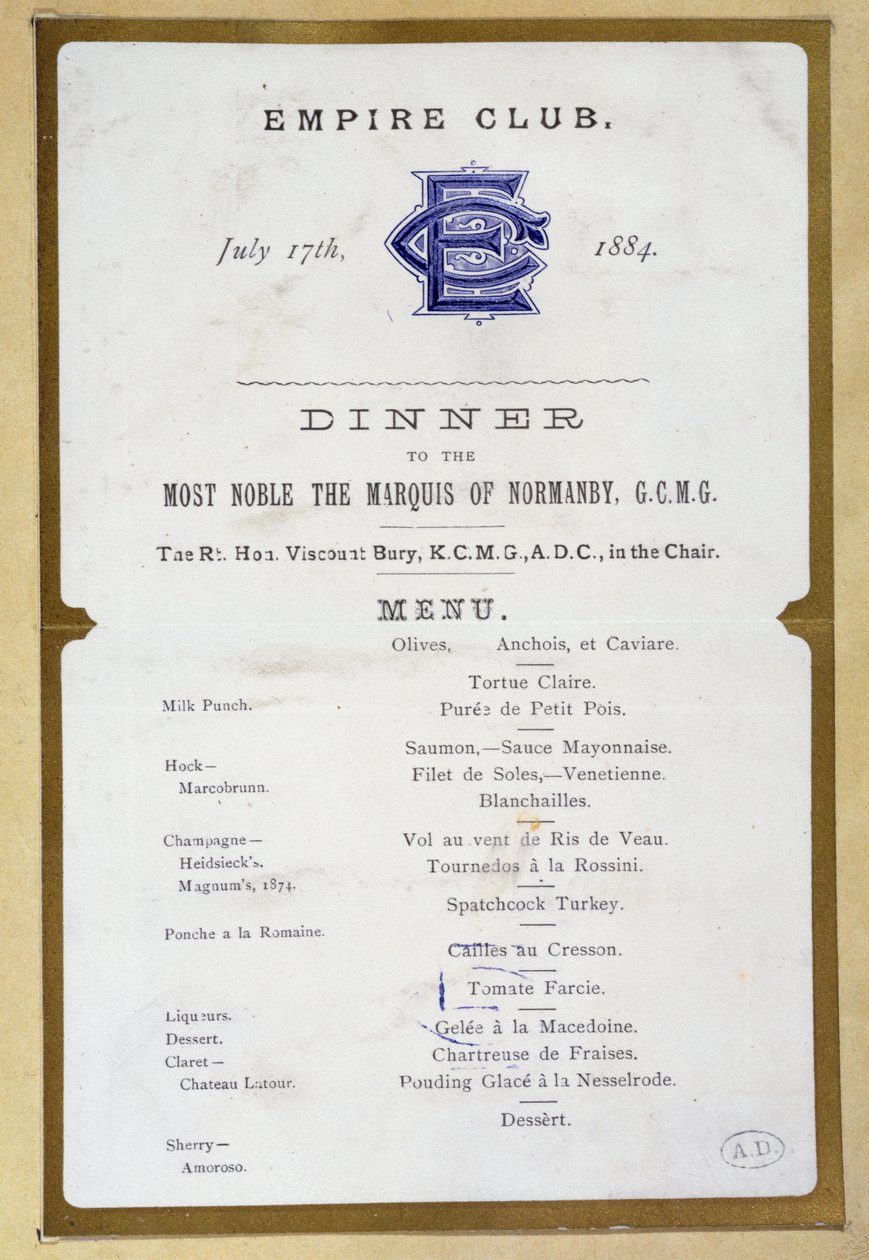 Meny från Empire Club, 17 mars 1884 av English School