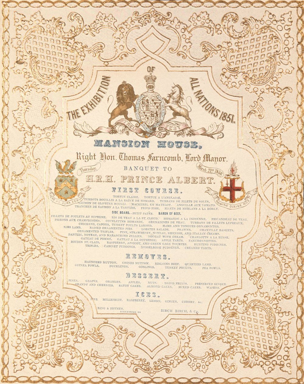 Meny med bankett för prins Albert på Mansion House, för att markera Great Exhibition of All Nations, London, 1851 av English School