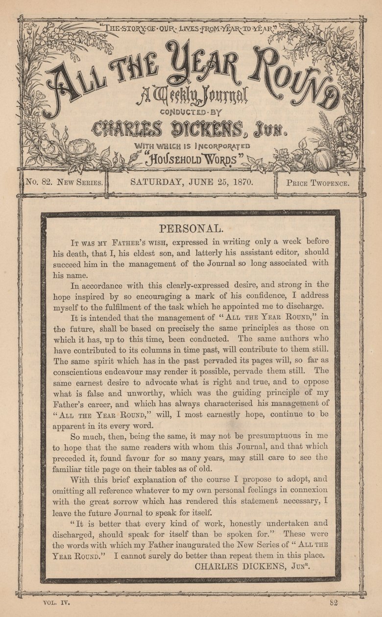Meddelande från Charles Dickens Junior i veckotidningen All The Year Round, efter faderns död av English School