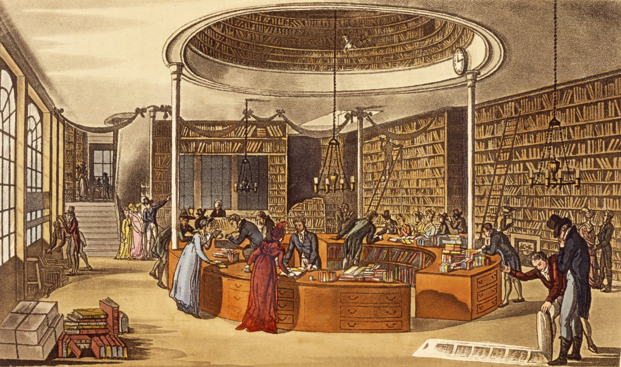 Mrs Lackington Allen and Co., 1809, Booksellers Temple of the Muses, Finsbury Square från Ackermanns Repository of Arts, Literature, Commerce, Manufacture, Fashions and Politics, pub. 1809 (hand-co av English School
